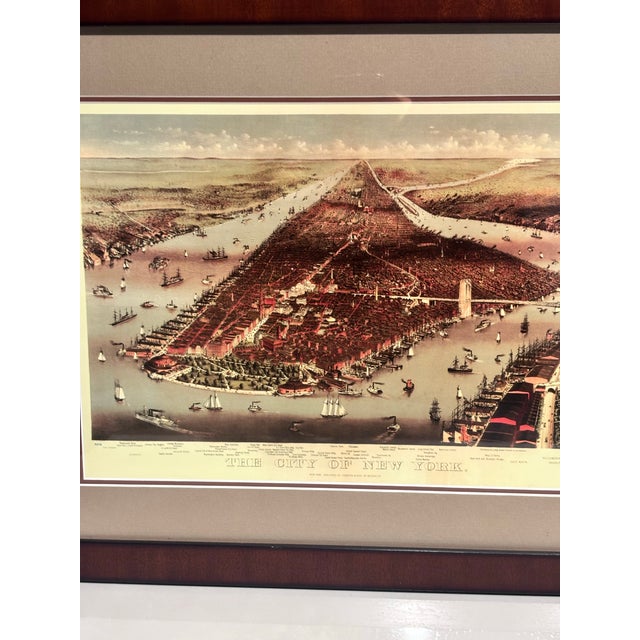 Wood A Vintage 1884 Bird's-Eye View Lithograph of New York City by Currier & Ives, Featuring the Newly Opened Brooklyn Bridge . For Sale - Image 7 of 9