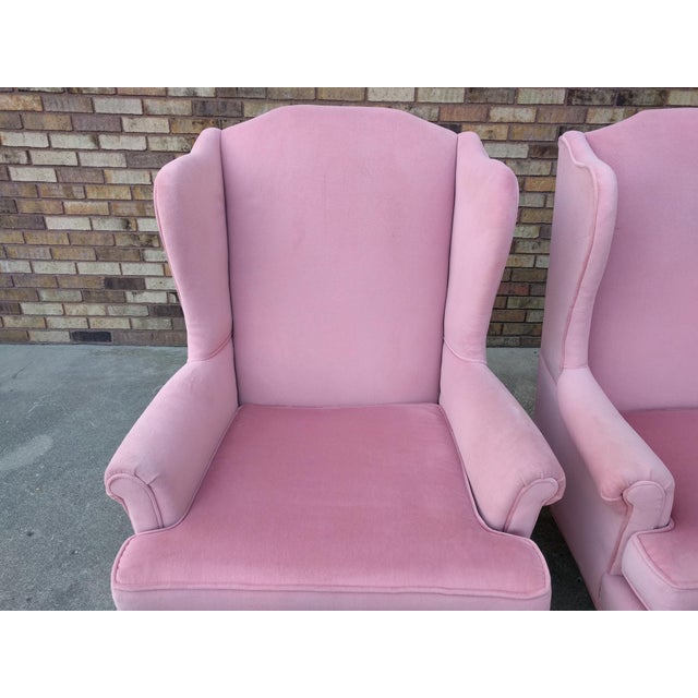 Vintage Queen Anne Pink Velvet Wingback Chairs by Sam Moore Furniture