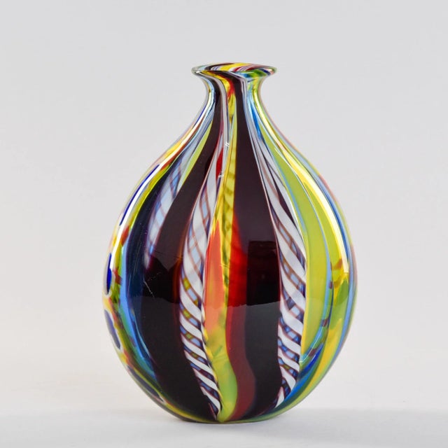 Found in Italy, this vibrant Murano glass vase dates from the late 1990s, early 2000s. Tall ovoid shape with streaks of...