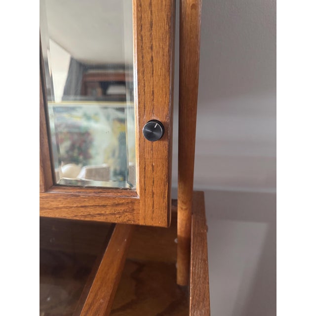 Mid 20th Century Oak Vanity Table With Lighted Adjustable Top Mirror and Upholstered Bench For Sale - Image 10 of 17