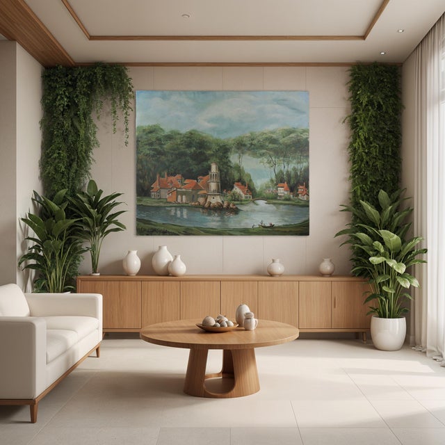 Vintage European Village Oil Painting – Hand-Painted Scenic Landscape Art For Sale - Image 11 of 12