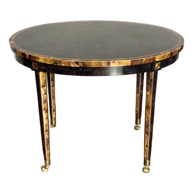 Maitland Smith Tessellated Faux Tortoise Shell Table W Brass Inlay For Sale