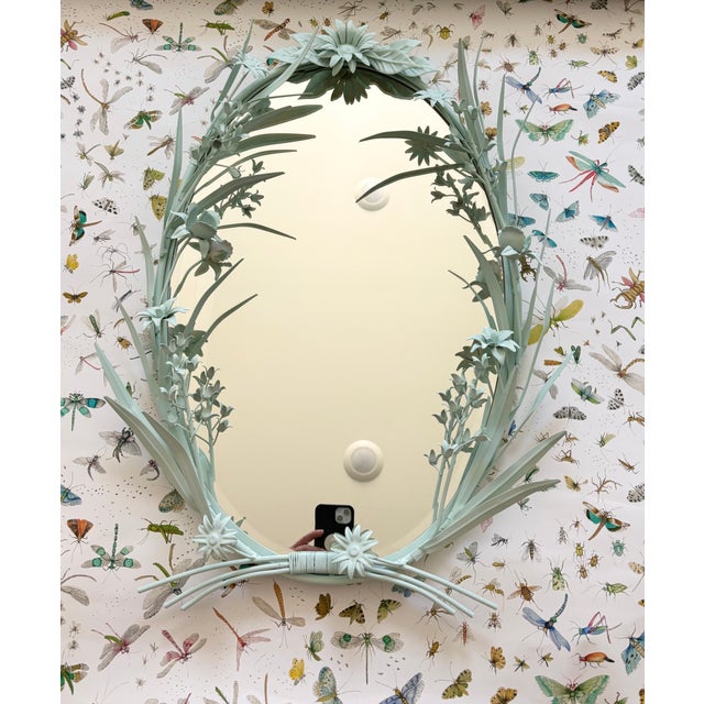 Vintage Italian Tole Floral Chinoiserie Style Oval Mirror in Soft Shade of Green For Sale - Image 4 of 18