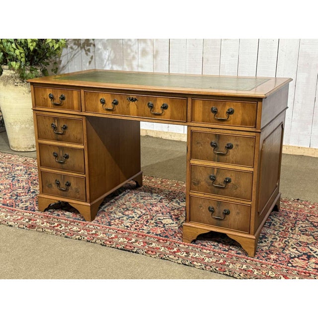 Late 20th Century Vintage English Flat Desk with Drawers in Yew Wood with Leather Top, 1970s For Sale - Image 5 of 15