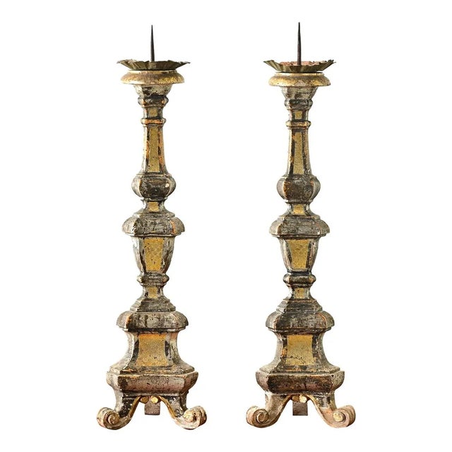Brass 16th Century Italian Gilt Cathedral Altar Candlesticks - A Pair For Sale - Image 8 of 8