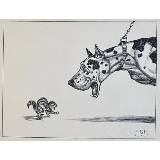 A tense yet comical standoff unfolds! A massive Great Dane, having lowered itself to investigate, is abruptly pulled back,...