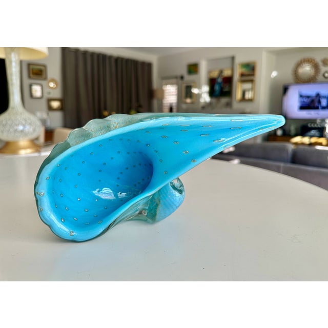 Seashell shaped Murano Italian handblown baby blue ribbed glass bowl by Alfredo Barbini.