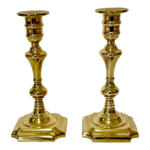 Vintage Portuguese Hollywood Regency Square Based Brass Candlestick Holders - A Pair