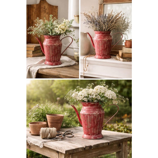 Vintage Distressed Red Tin Watering Can | Rustic Farmhouse Garden Vessel | Primitive Metal Pitcher Decor For Sale - Image 4 of 5