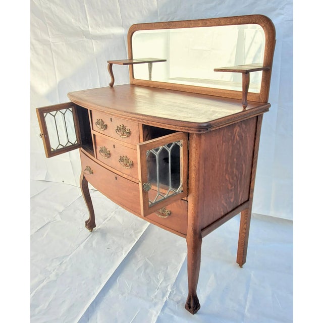Victorian Tiger Oak Server Sideboard With Leaded Glass Doors & Claw