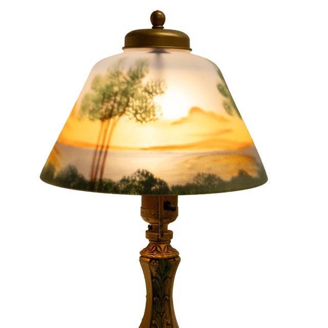 1910s Handel Art Nouveau Frosted Glass Reverse Painted Boudoir Table Lamp For Sale - Image 4 of 14