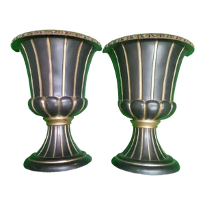 Vintage Black Gold Striped Dorothy Draper Hollywood Regency Style Large Urn Wall Pockets Sconces- a Pair