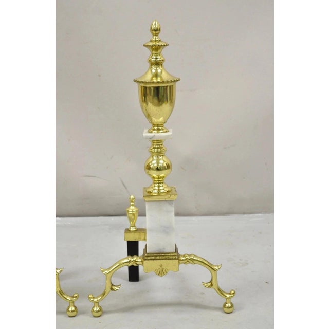 Traditional Vintage Brass Urn & Marble Federal Style Branch Leg Fireplace Andirons - A Pair For Sale - Image 3 of 11