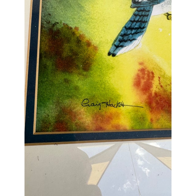 Traditional Late 20th Century Framed Colorful Painting of Blue Jay Bird & Birdhouse Signed - Pair For Sale - Image 3 of 8