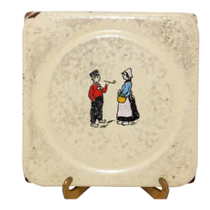 Antique Hand Painted Dutch Theme Enamelware Metal Trivet Collectible 1920's