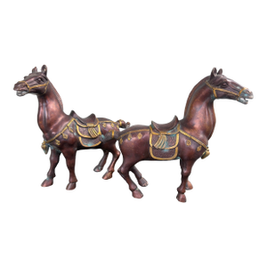 Vintage Pair of Patinated Bronze Horse Sculptures With Gilt Accents
