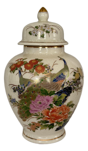 Vintage Japanese Yamaji Crackle Glazed Peacock Ginger Jar With Lid