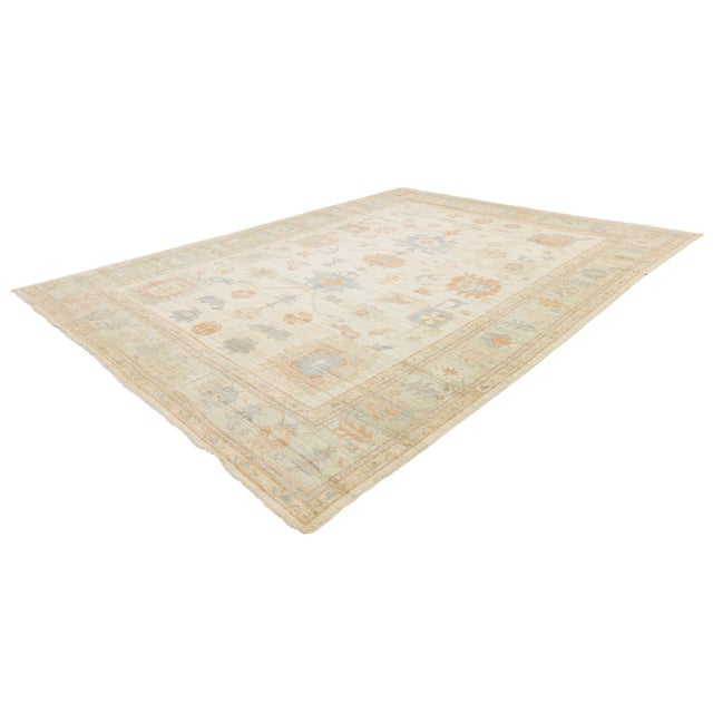 12x15 Serene Ivory & Pastel Modern Oushak Style Handmade Wool Rug For Sale - Image 4 of 12