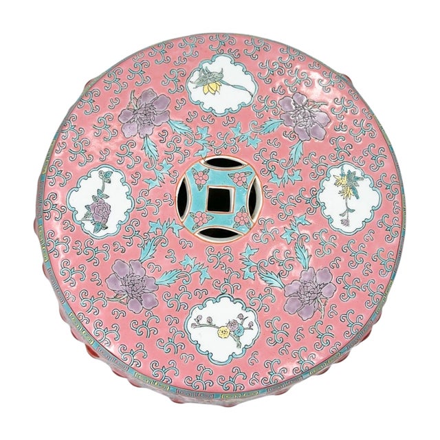 Ceramic Late 20th Century Pair of Famille Rose Porcelain Garden Stools With Floral and Figural Motifs For Sale - Image 7 of 11