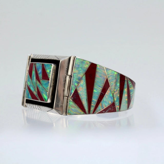 Vintage Signed Old Pawn Zuni Sterling Silver, Opal, & Red Jasper Bracelet For Sale - Image 9 of 12