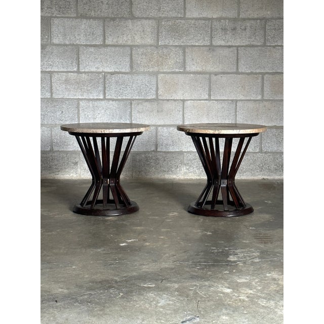 Mid-Century Modern 1950s Edward Wormley for Dunbar Sheaf of Wheat Tables, Travertine and Ash, a Pair For Sale - Image 3 of 12