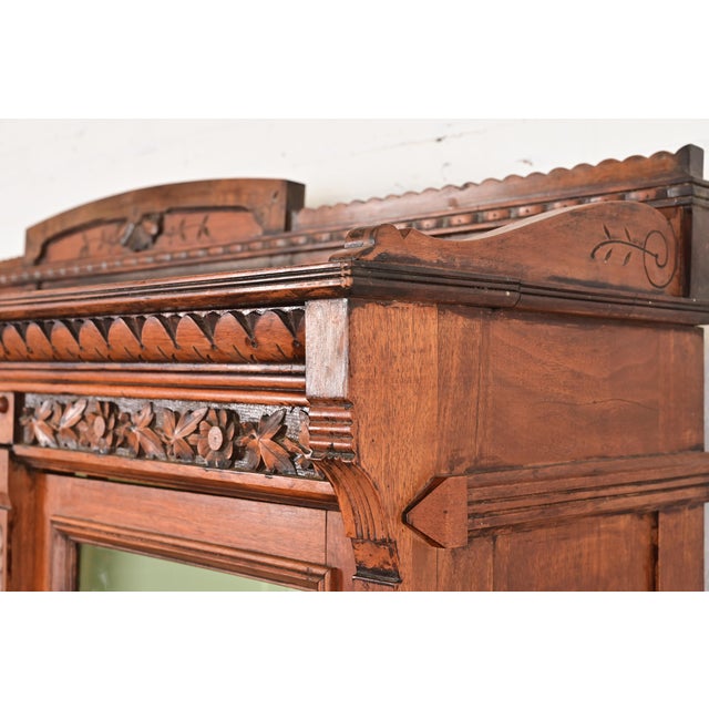 Brown Herter Brothers Style Antique Eastlake Victorian Carved Walnut Triple Bookcase or Display Cabinet, Circa 1880s For Sale - Image 8 of 12