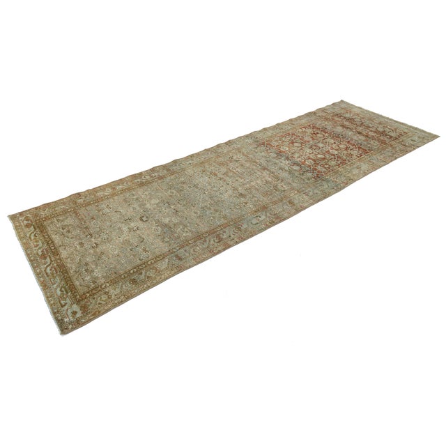 Modern Antique Malayer Runner Rug With Distressed Terracotta and Sage Palette For Sale - Image 3 of 9