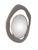 A traditional polished gold round stainless steel framed mirror appears to be balancing in the abstract. The gray matte...