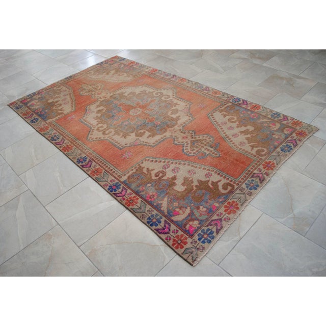 Distressed Low Pile Turkish Rug Vintage Area Rug - 4'3" X 7'10" For Sale - Image 12 of 15