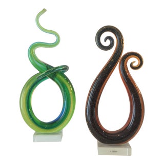 Murano Ribbon Swirl Art Glass Sculptures - a Pair For Sale