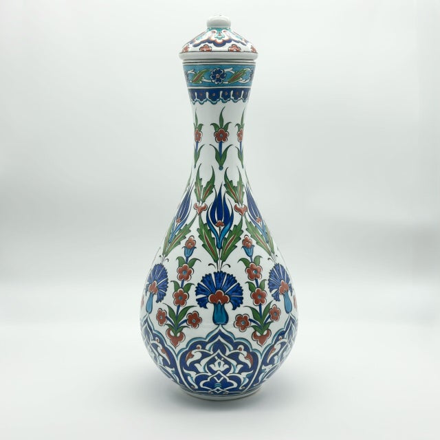 Handmade Ceramic “Nightingale” Surahi Jar (30cm) – Lidded Blue Carnation & Tulip Art For Sale - Image 4 of 7
