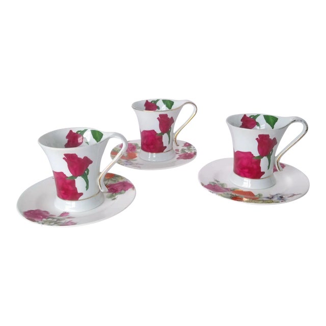 1960s Casati Art Nouveau Demitasse Coffee Cups with Floral Motif- 6 Pieces For Sale