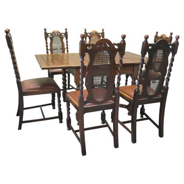 Brown Oak Barley Twist Draw Leaf Table and Chairs, 1890, Set of 7 For Sale - Image 8 of 8