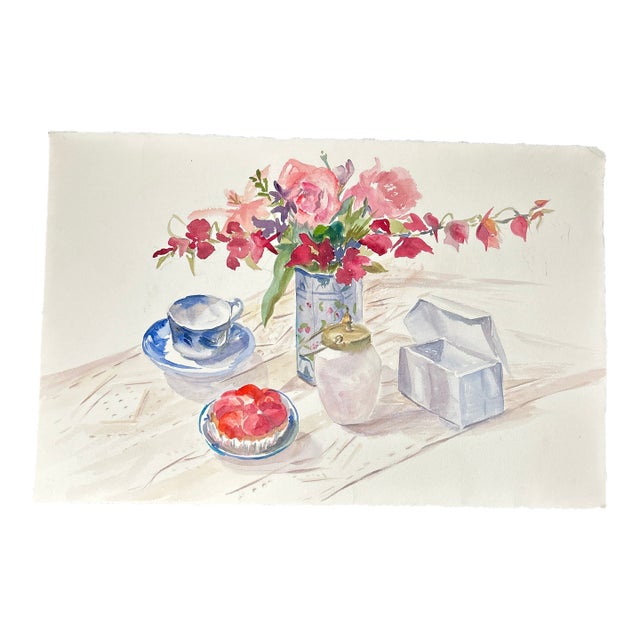 1980’s Original Impressionist Bouquet on Table Still Life Watercolor Painting For Sale