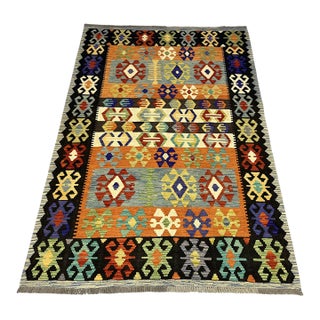 5'6" X 8'2" Multicolor Afghan Chobi Geometric Wool Flatweave Kilim Rug For Sale