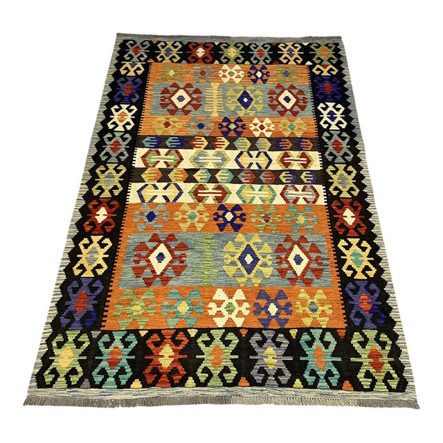 5'6" X 8'2" Multicolor Afghan Chobi Geometric Wool Flatweave Kilim Rug For Sale