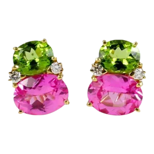Christina Addison Large Gum Drop Earrings With Peridot and Pink Topaz and Diamonds - a Pair