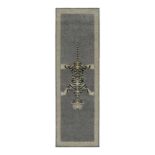 Rug & Kilim’s Distressed Tiger Runner Rug in Gray With Beige and Black Pictorial For Sale