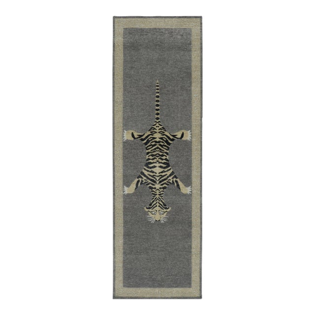 Rug & Kilim’s Distressed Tiger Runner Rug in Gray With Beige and Black Pictorial For Sale