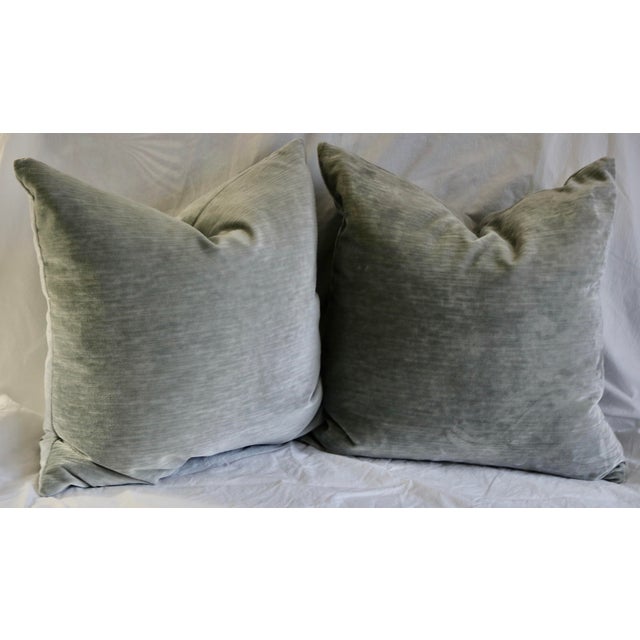 Modern Silver Gray Velvet Feather Down Pillows 24 in X 24 in - A Pair For Sale - Image 3 of 3