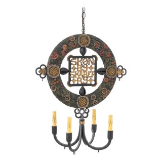 Scandinavian Polychromed Wood and Iron Chandelier, Early 20th Century For Sale