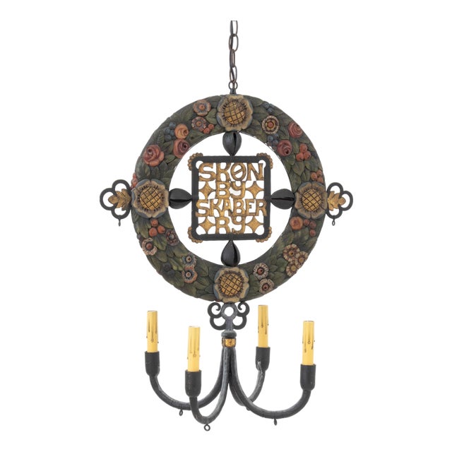 Scandinavian Polychromed Wood and Iron Chandelier, Early 20th Century For Sale