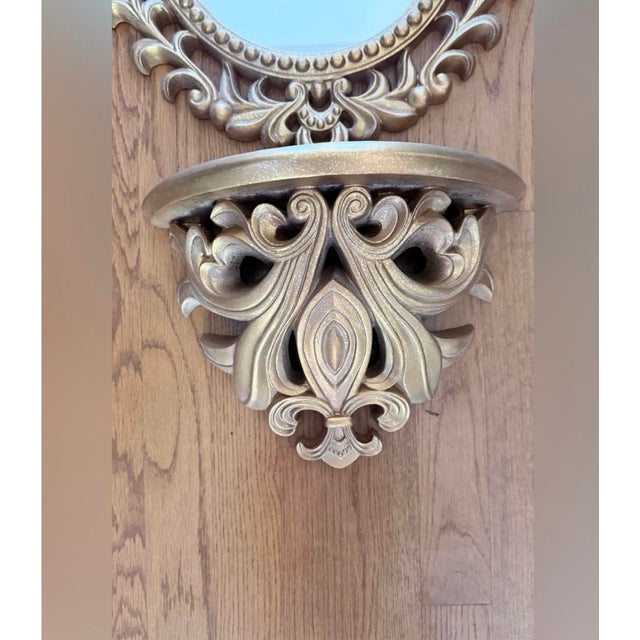 Vintage Ornate Gold Wall Mirror Set With Shelf and Candleholders For Sale In Greensboro - Image 6 of 11
