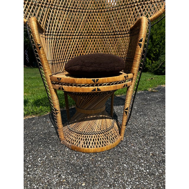 This Pair of Vintage 1970s Boho Wicker and Rattan Peacock Chairs Features High, Dramatic Fan Backs and Hourglass Pedestal Bases. For Sale - Image 11 of 12