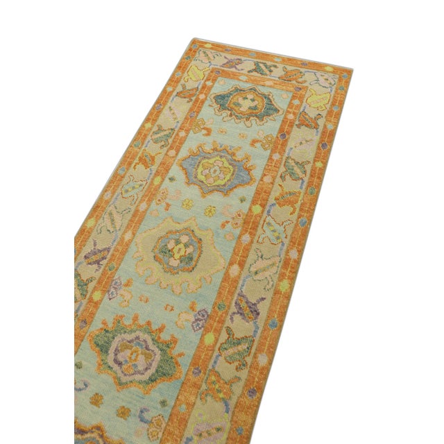 Early 21st Century Turkish Blue & Orange Handwoven Oushak Runner Rug For Sale - Image 4 of 6