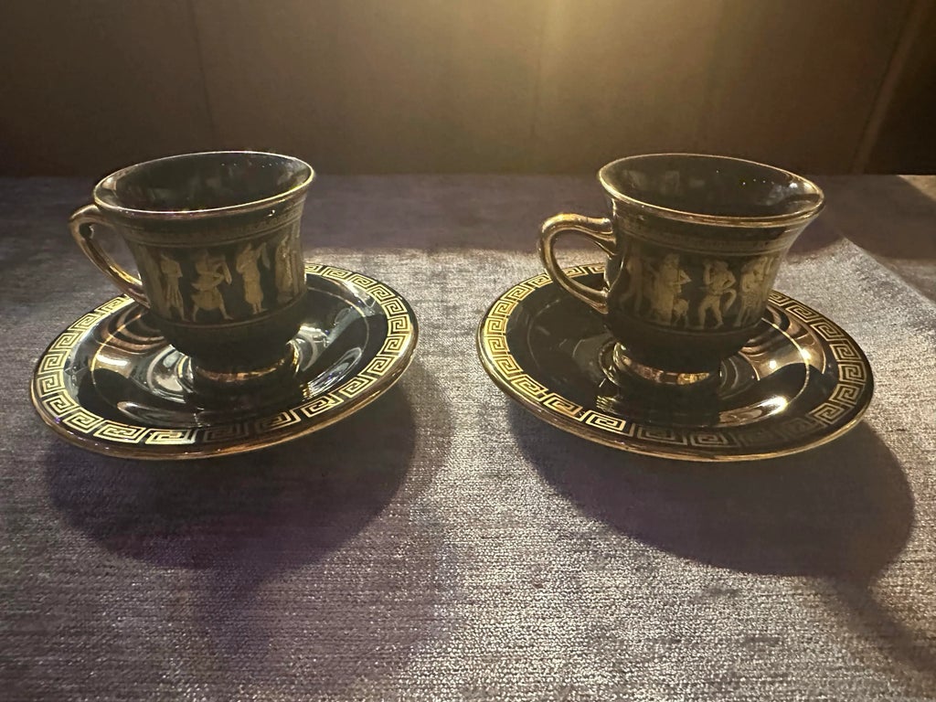 1970s Spyropoulos 24kt Greek Key Tea Cup & Saucer Set- 4 Pieces
