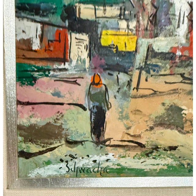 Wood George Schwacha Jr, Modernist Oil Painting George Schwacha Carnival Circus Big Top Ferris Wheel WPA, c.1940's For Sale - Image 7 of 8