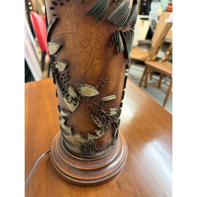 Brown Mid 20th Century Mabro Lamp Company Carved Flower Table Lamp, Medium For Sale - Image 8 of 12