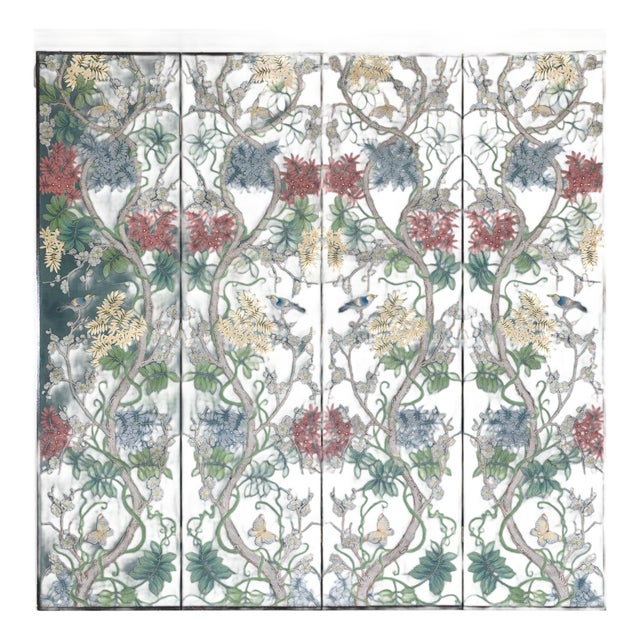 Botanical Hand-Painted Room Divider with Vibrant Flowers and Vines, Vintage For Sale