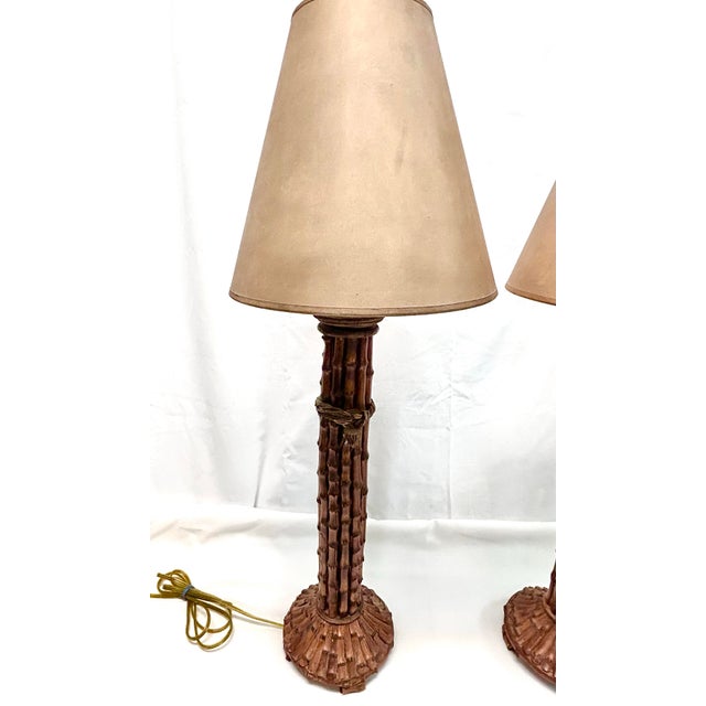 Hollywood Regency Vintage Faux Bamboo Table Lamps With Patinated Finish, Pair For Sale - Image 3 of 12